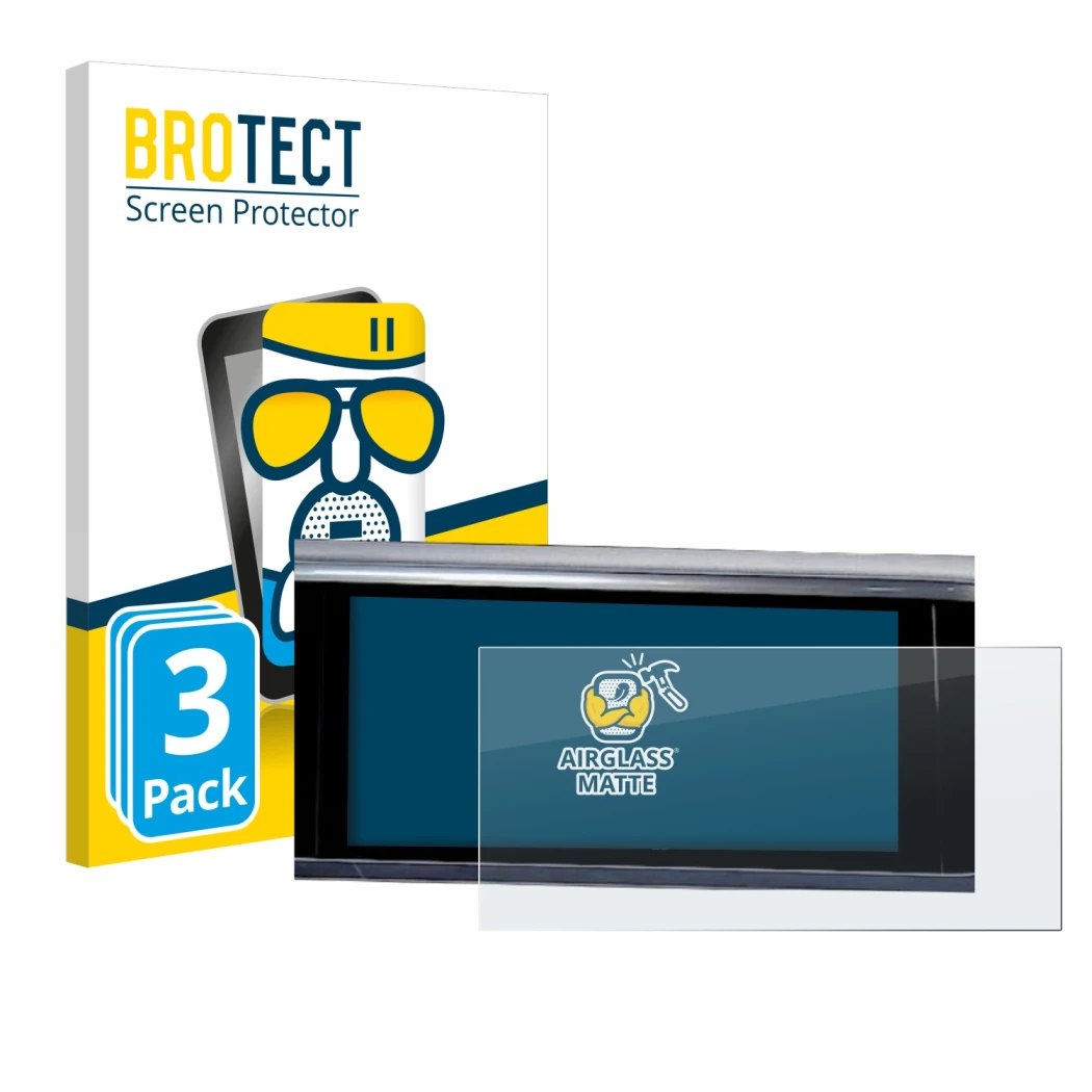 Parte frontal de un envase de producto con el logotipo de la marca BROTECT. Al lado se muestra el dispositivo Audi A6 2018 MMI