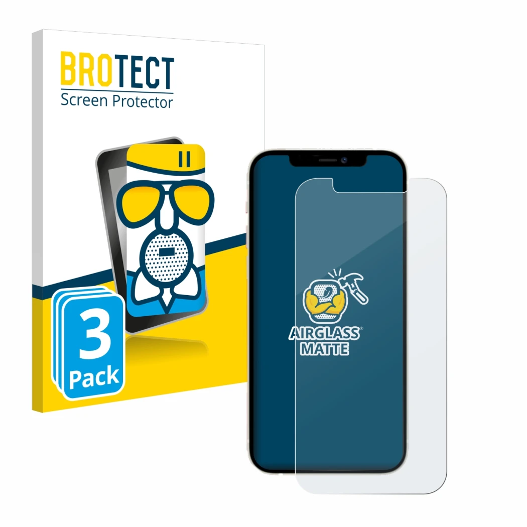 Parte frontal de un envase de producto con el logotipo de la marca BROTECT. Al lado se muestra el dispositivo Apple iPhone 12 