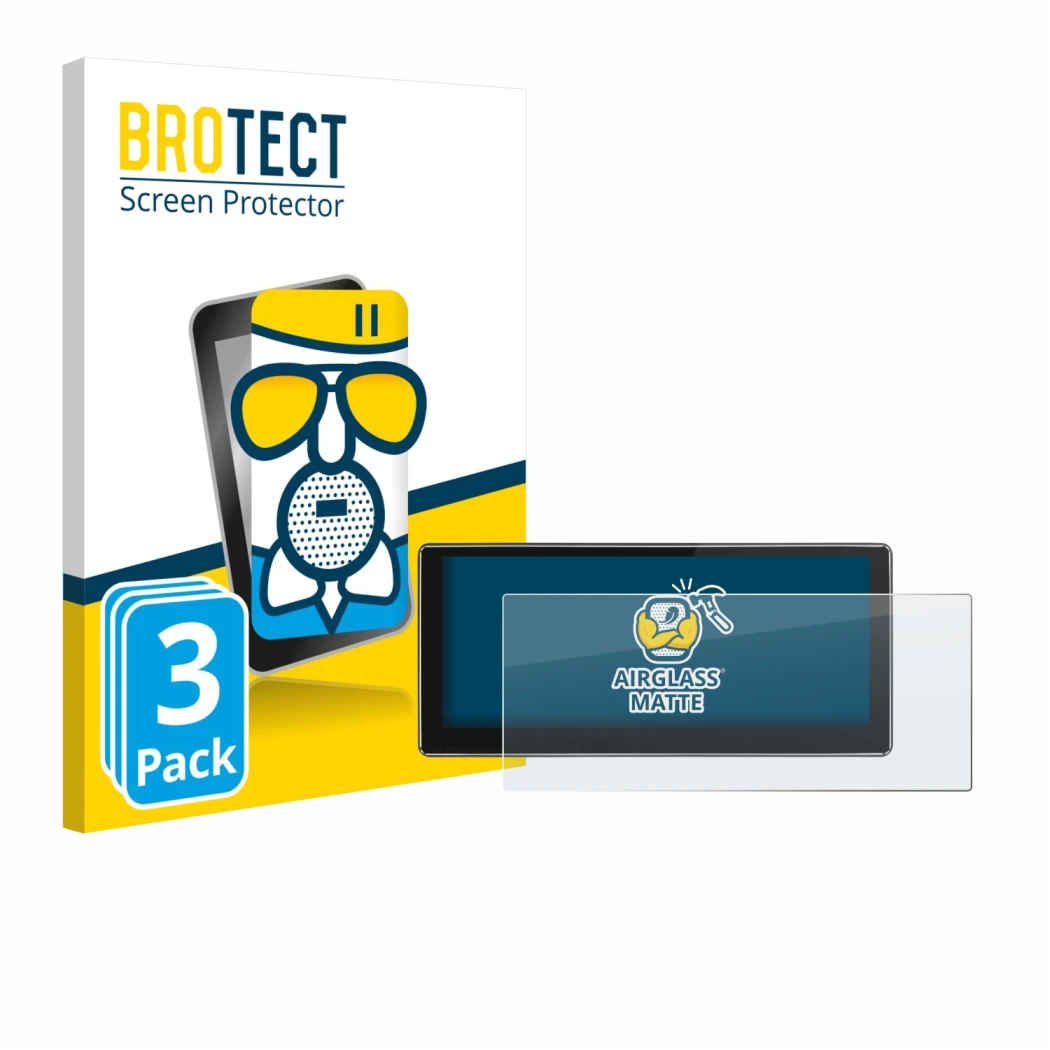 Parte frontal de un envase de producto con el logotipo de la marca BROTECT. Al lado se muestra el dispositivo Joying 4G Car Ra