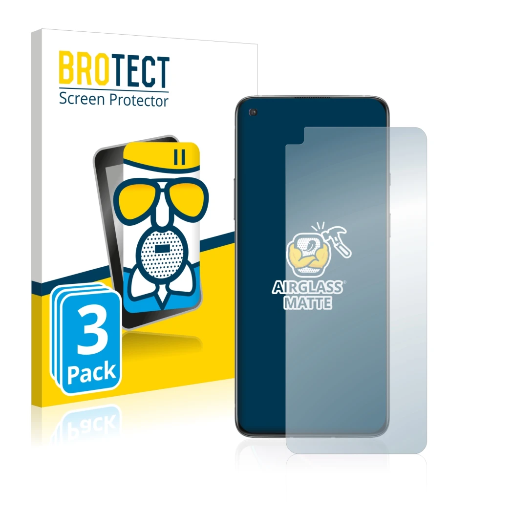 Parte frontal de un envase de producto con el logotipo de la marca BROTECT. Al lado se muestra el dispositivo OnePlus 8T con s