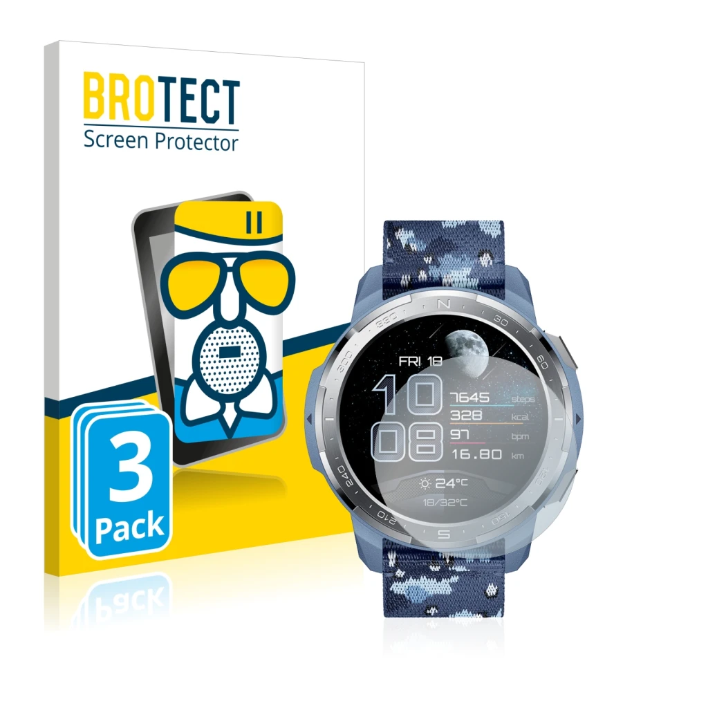 Parte frontal de un envase de producto con el logotipo de la marca BROTECT. Al lado se muestra el dispositivo Honor Watch GS P