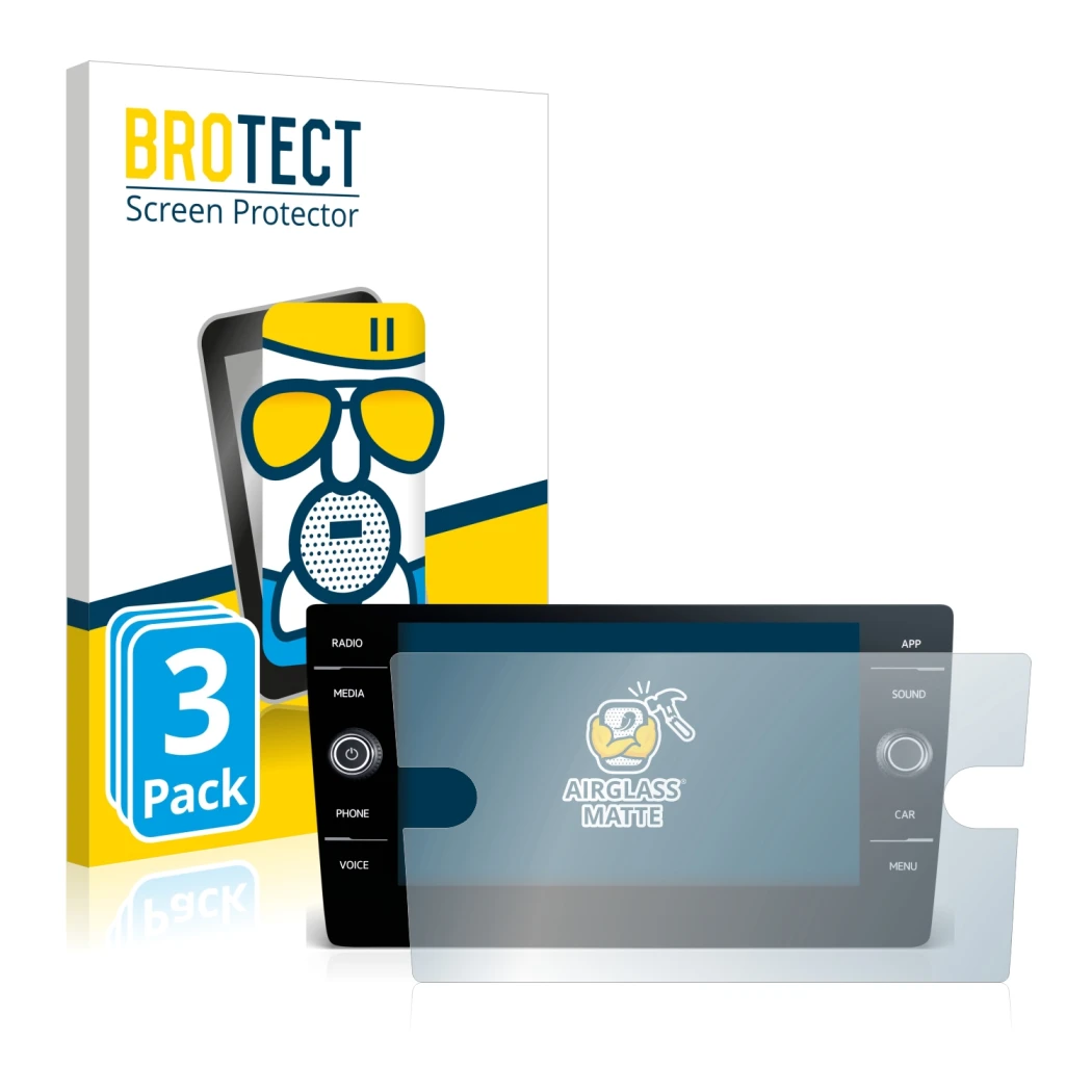 Parte frontal de un envase de producto con el logotipo de la marca BROTECT. Al lado se muestra el dispositivo Volkswagen Tigua