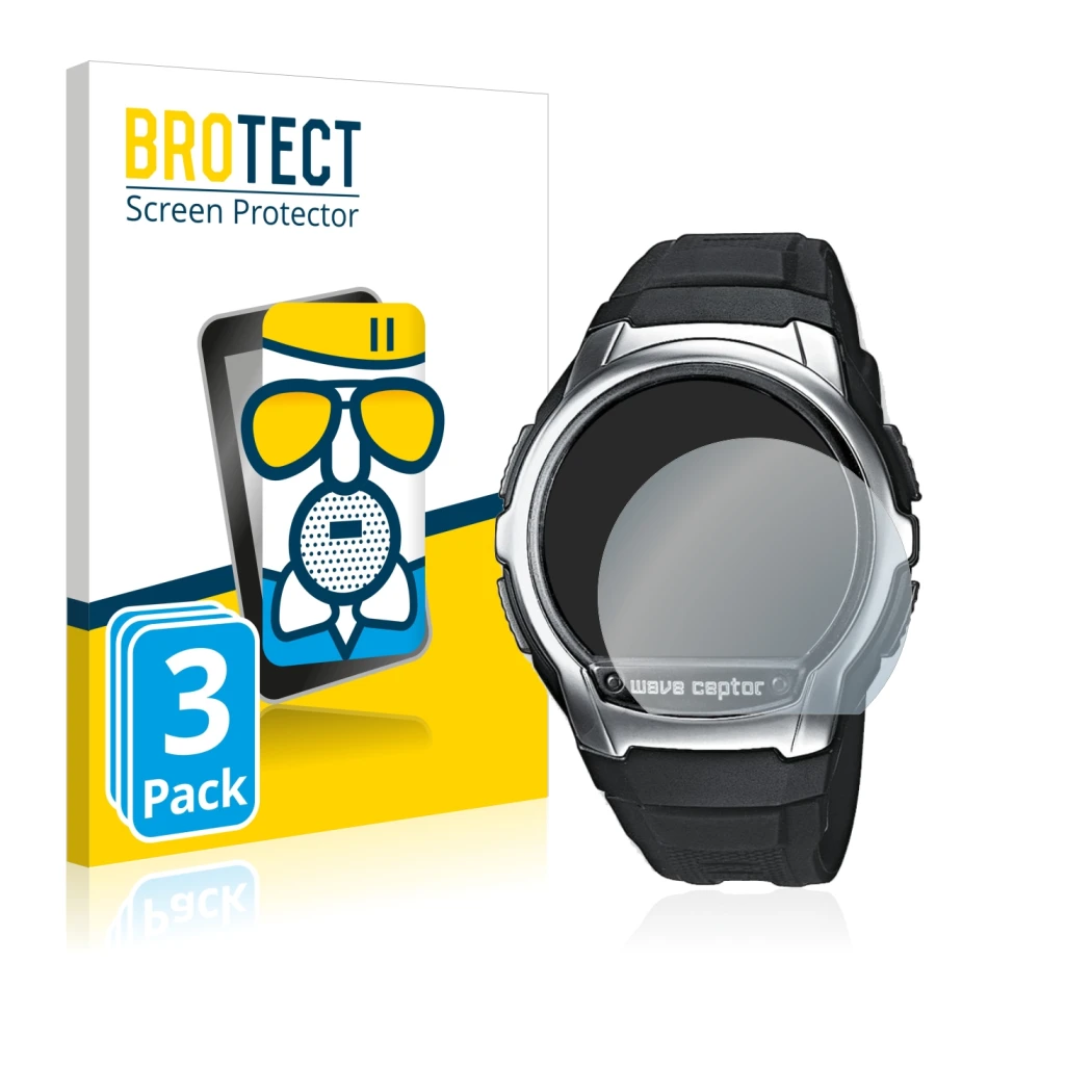 Parte frontal de un envase de producto con el logotipo de la marca BROTECT. Al lado se muestra el dispositivo Casio Wave Cepto