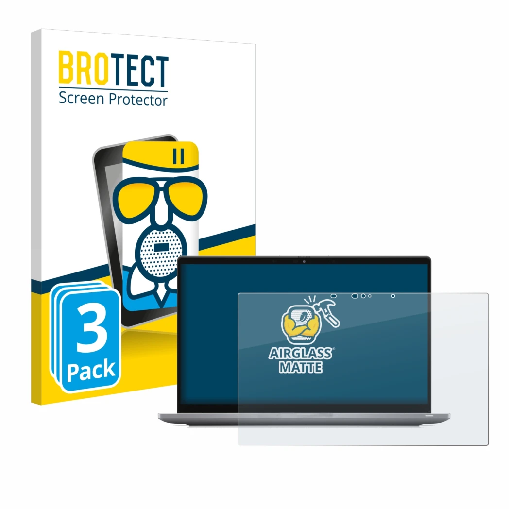 Parte frontal de un envase de producto con el logotipo de la marca BROTECT. Al lado se muestra el dispositivo Dell Latitude 74