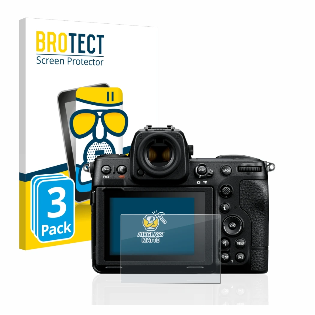 Parte frontal de un envase de producto con el logotipo de la marca BROTECT. Al lado se muestra el dispositivo Nikon Z 8 con su