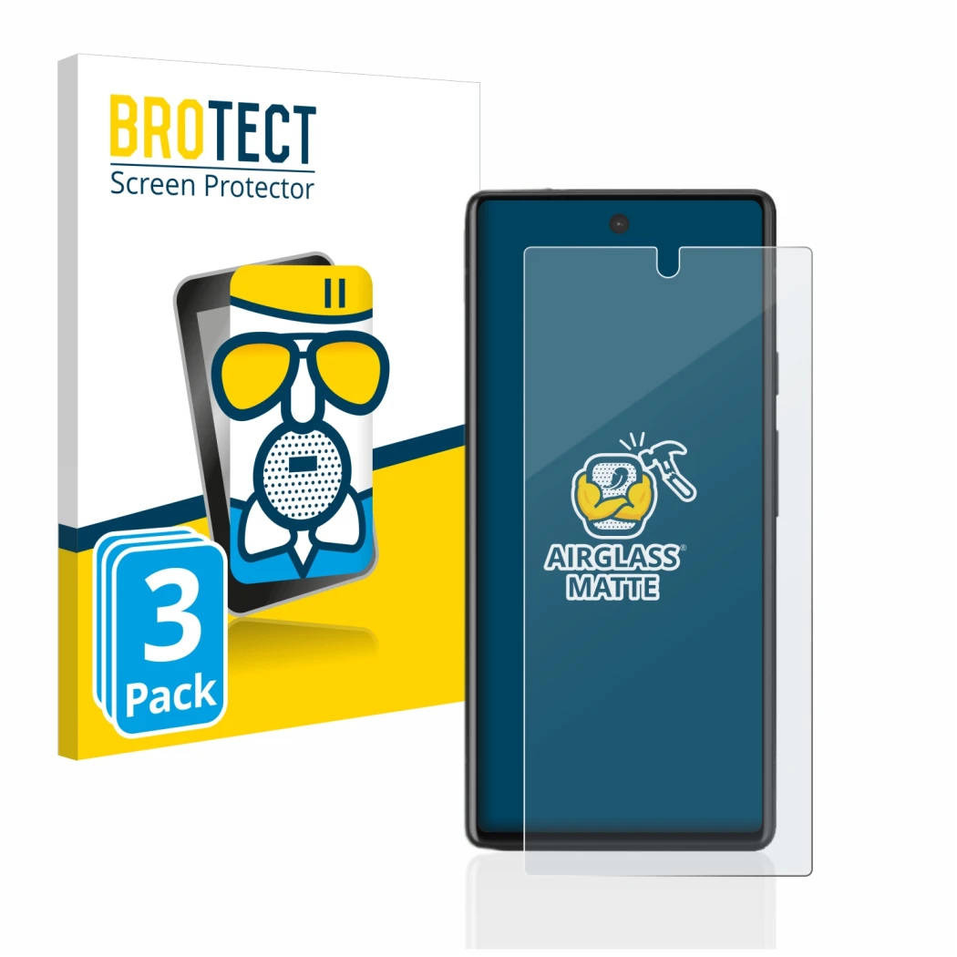 Parte frontal de un envase de producto con el logotipo de la marca BROTECT. Al lado se muestra el dispositivo Google Pixel 6a 