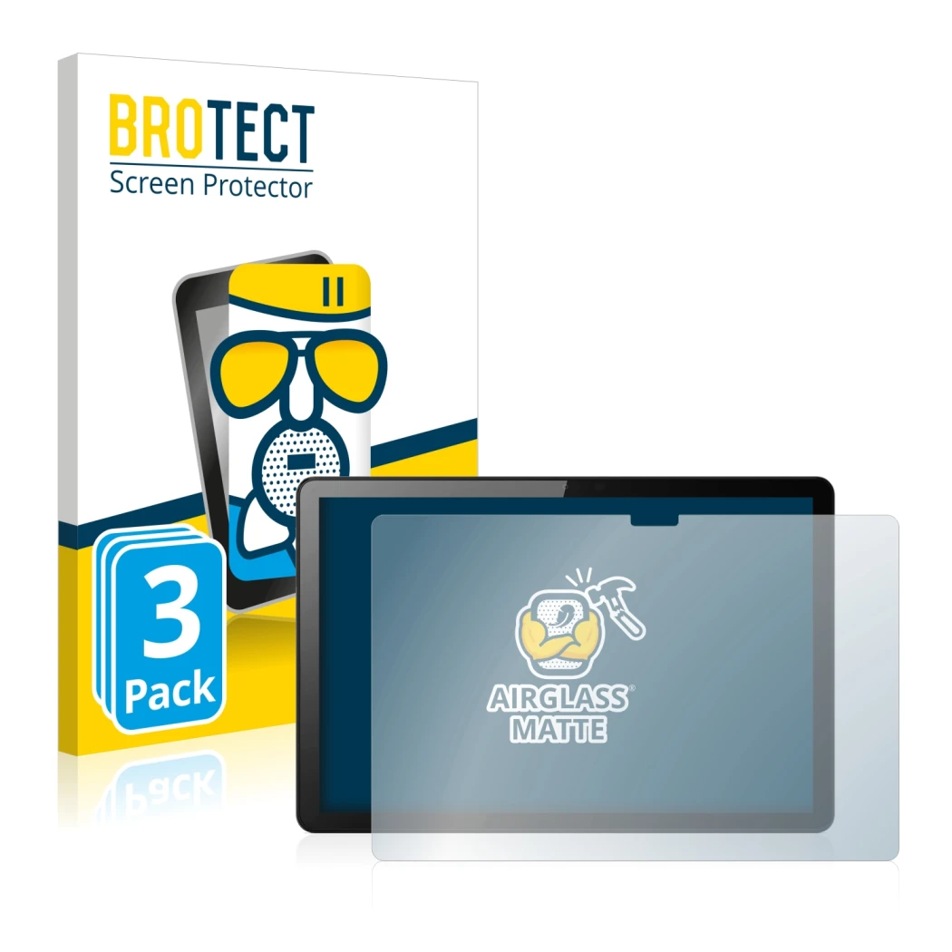 Parte frontal de un envase de producto con el logotipo de la marca BROTECT. Al lado se muestra el dispositivo Lenovo Tab M10 (