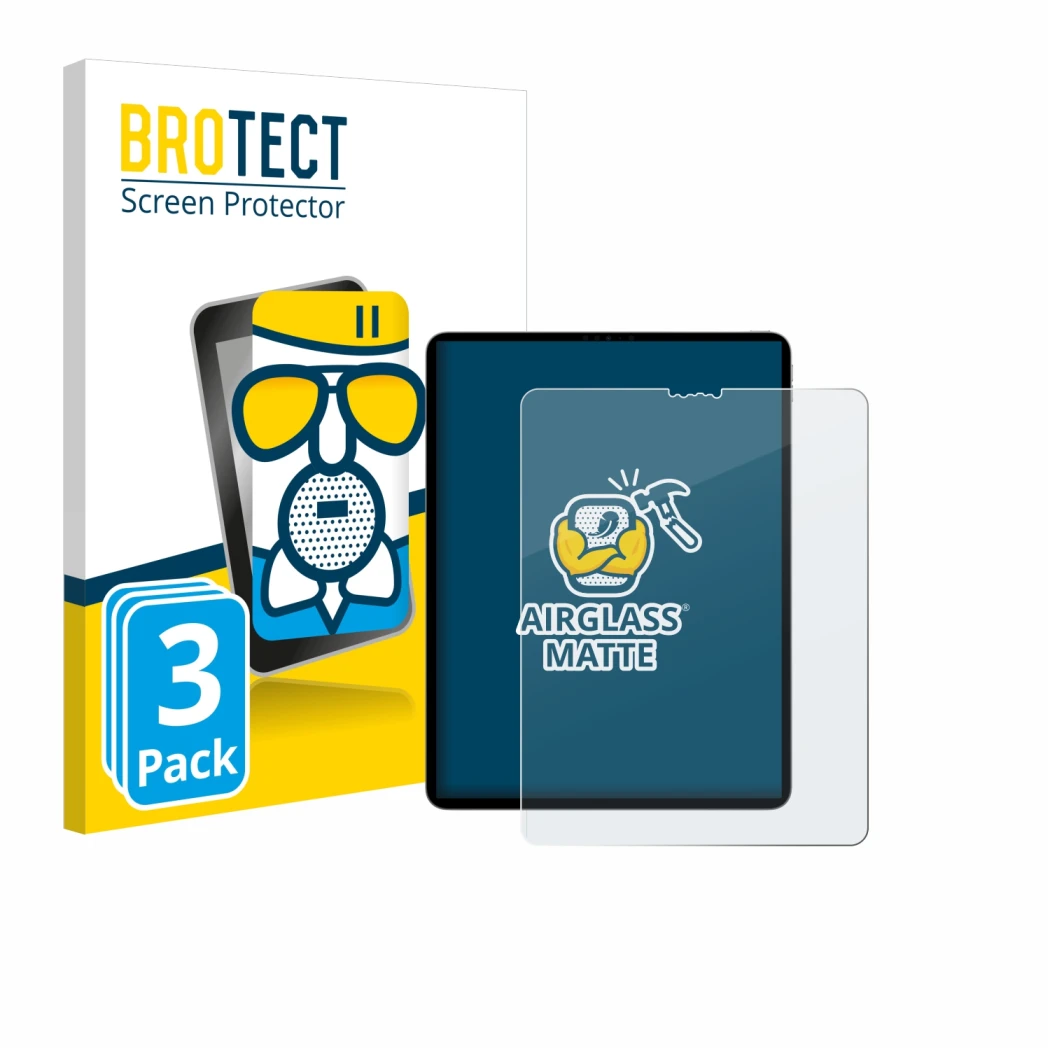 Parte frontal de un envase de producto con el logotipo de la marca BROTECT. Al lado se muestra el dispositivo Apple iPad Pro 1