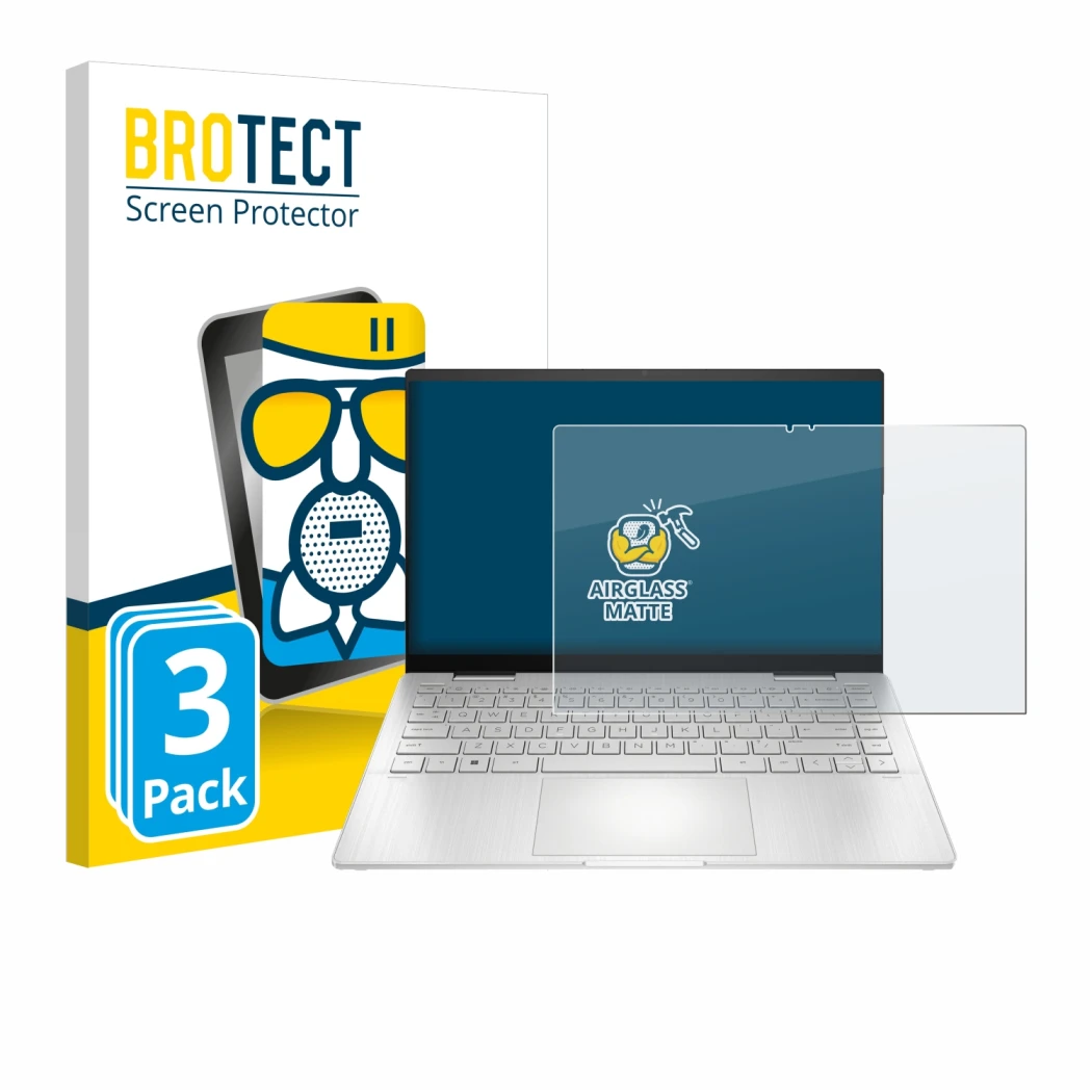 Parte frontal de un envase de producto con el logotipo de la marca BROTECT. Al lado se muestra el dispositivo HP Pavilion x360