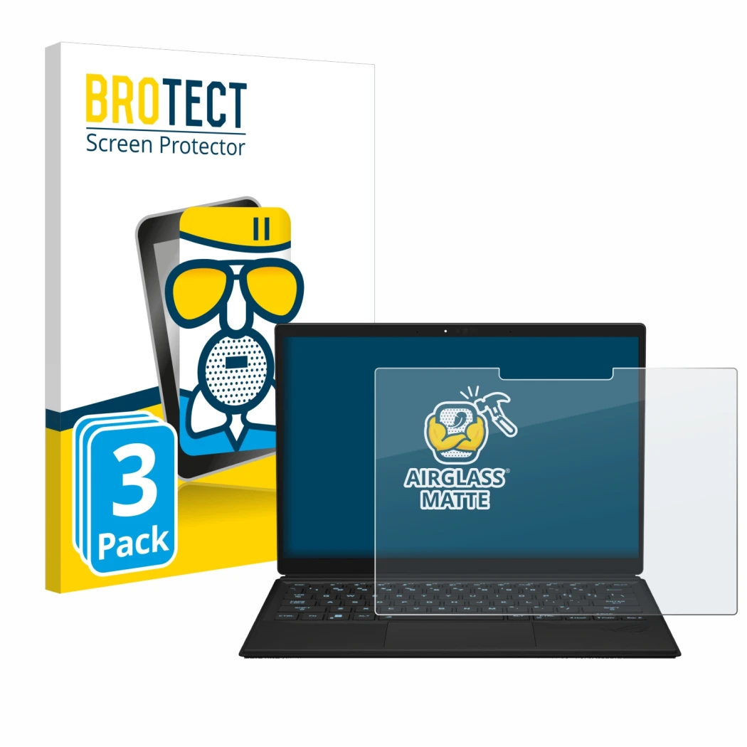 Parte frontal de un envase de producto con el logotipo de la marca BROTECT. Al lado se muestra el dispositivo ASUS ROG Flow Z1