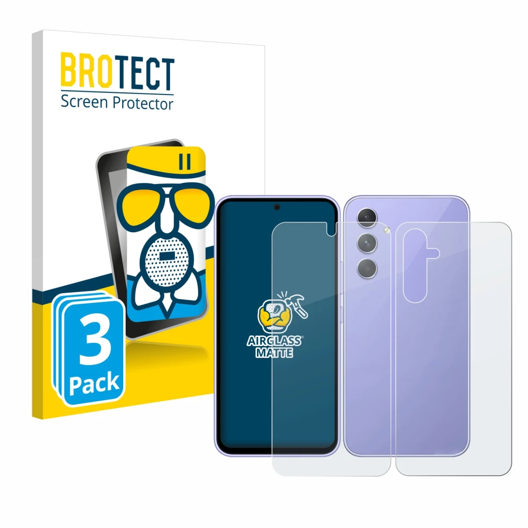 Parte frontal de un envase de producto con el logotipo de la marca BROTECT. Al lado se muestra el dispositivo Samsung Galaxy A