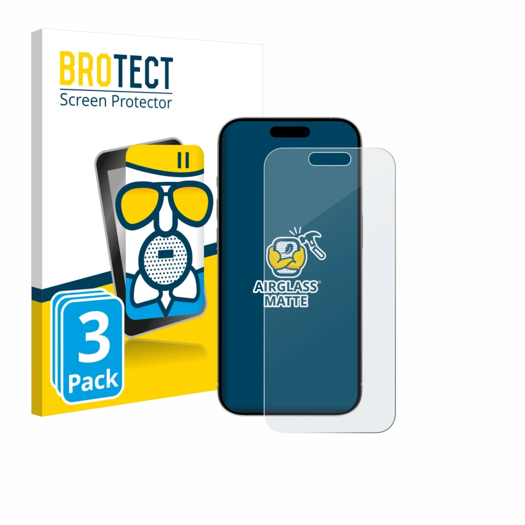 Parte frontal de un envase de producto con el logotipo de la marca BROTECT. Al lado se muestra el dispositivo Apple iPhone 15 