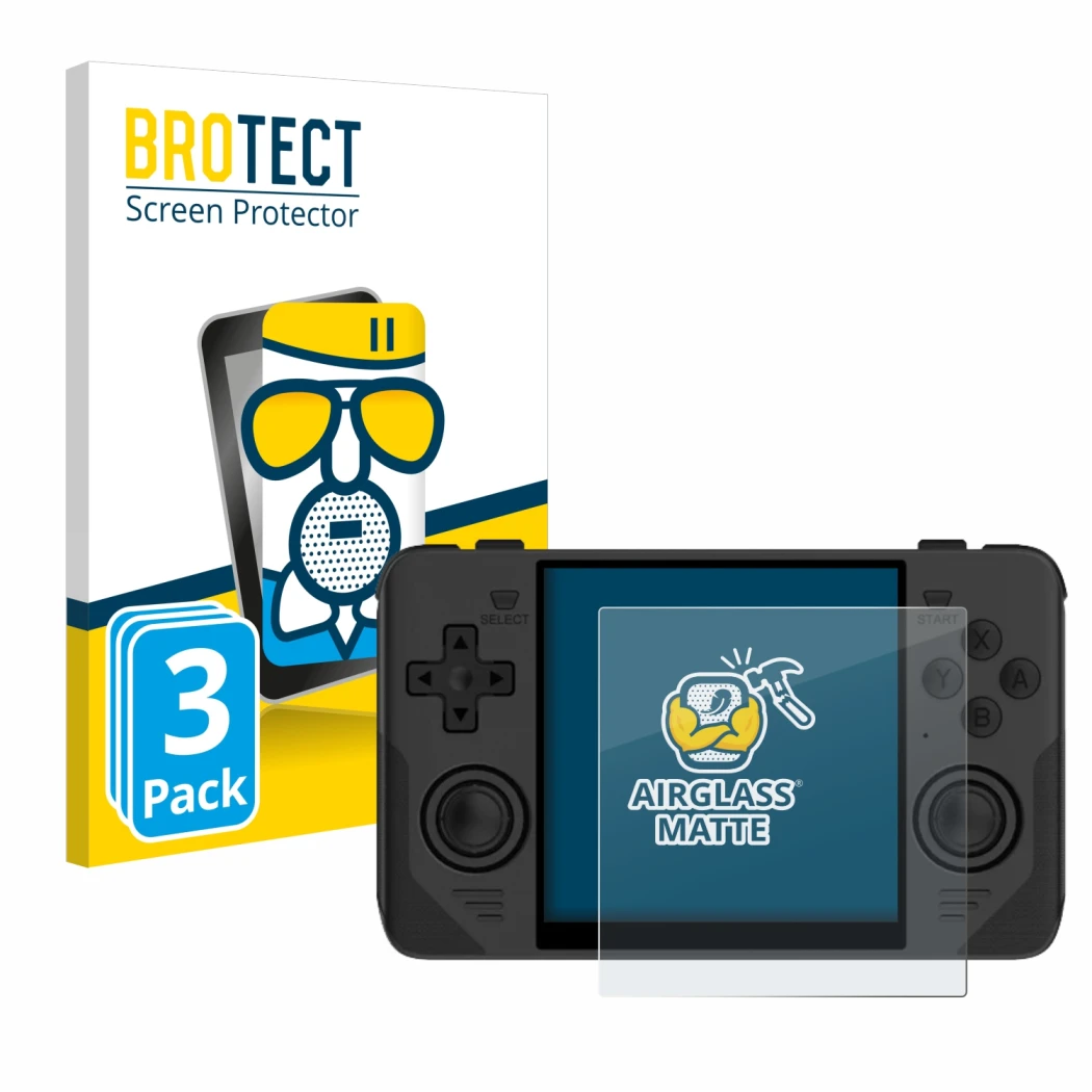 Parte frontal de un envase de producto con el logotipo de la marca BROTECT. Al lado se muestra el dispositivo Powkiddy RGB30 c