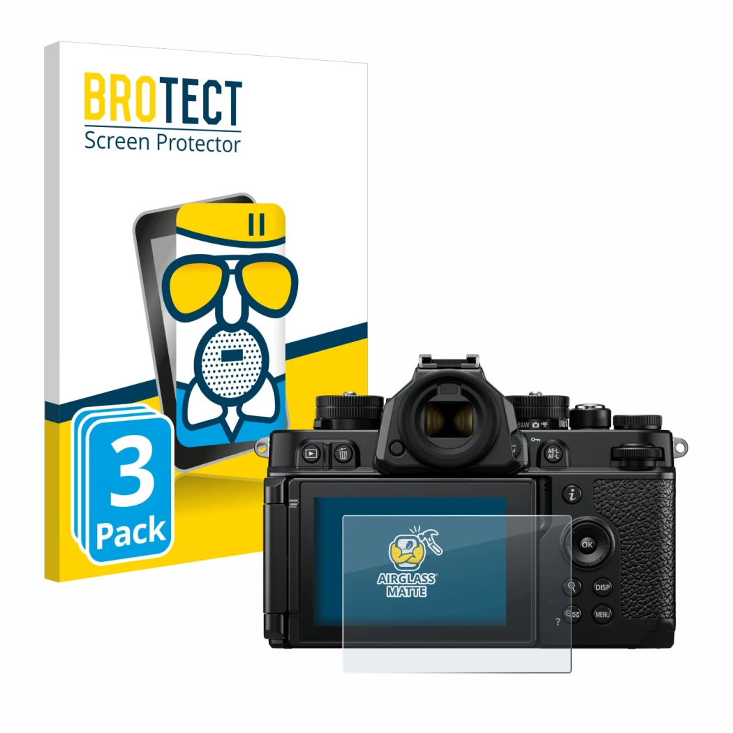 Parte frontal de un envase de producto con el logotipo de la marca BROTECT. Al lado se muestra el dispositivo Nikon Z F con su