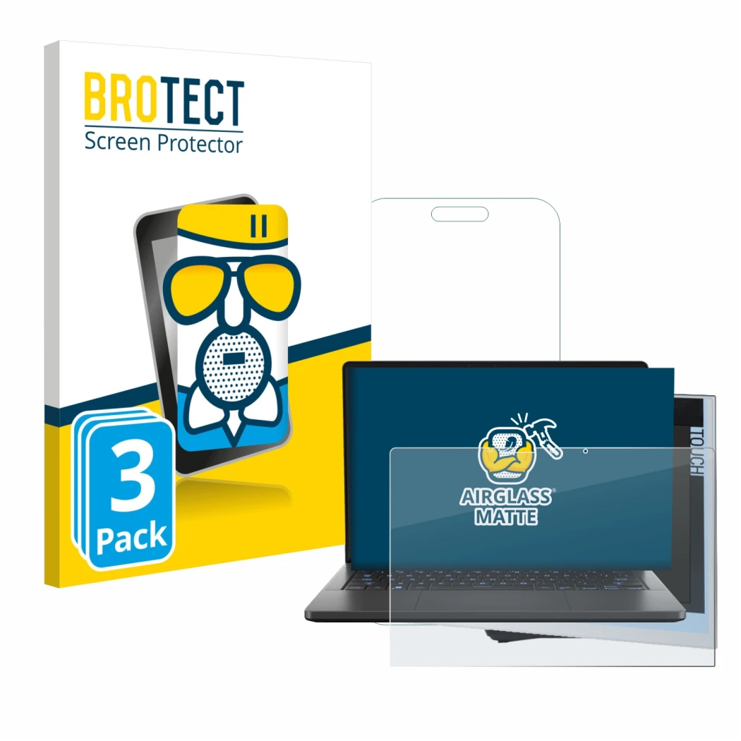 Parte frontal de un envase de producto con el logotipo de la marca BROTECT. Al lado se muestra el dispositivo ASUS ROG Zephyru