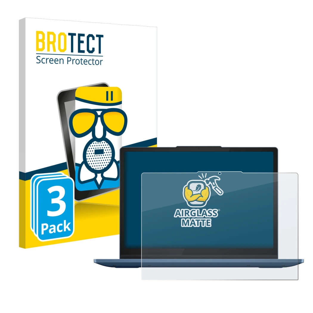 Parte frontal de un envase de producto con el logotipo de la marca BROTECT. Al lado se muestra el dispositivo Lenovo IdeaPad F