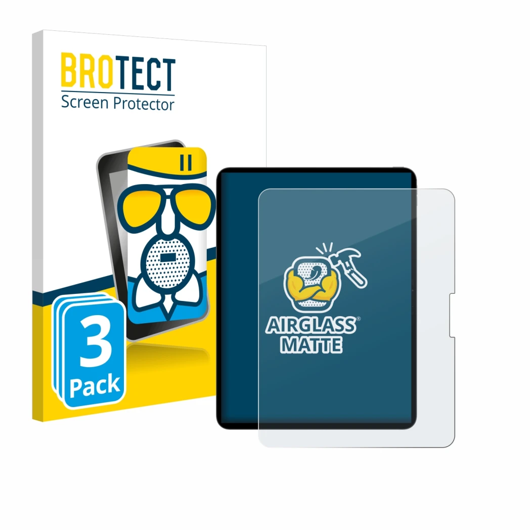 Parte frontal de un envase de producto con el logotipo de la marca BROTECT. Al lado se muestra el dispositivo Apple iPad Pro 1