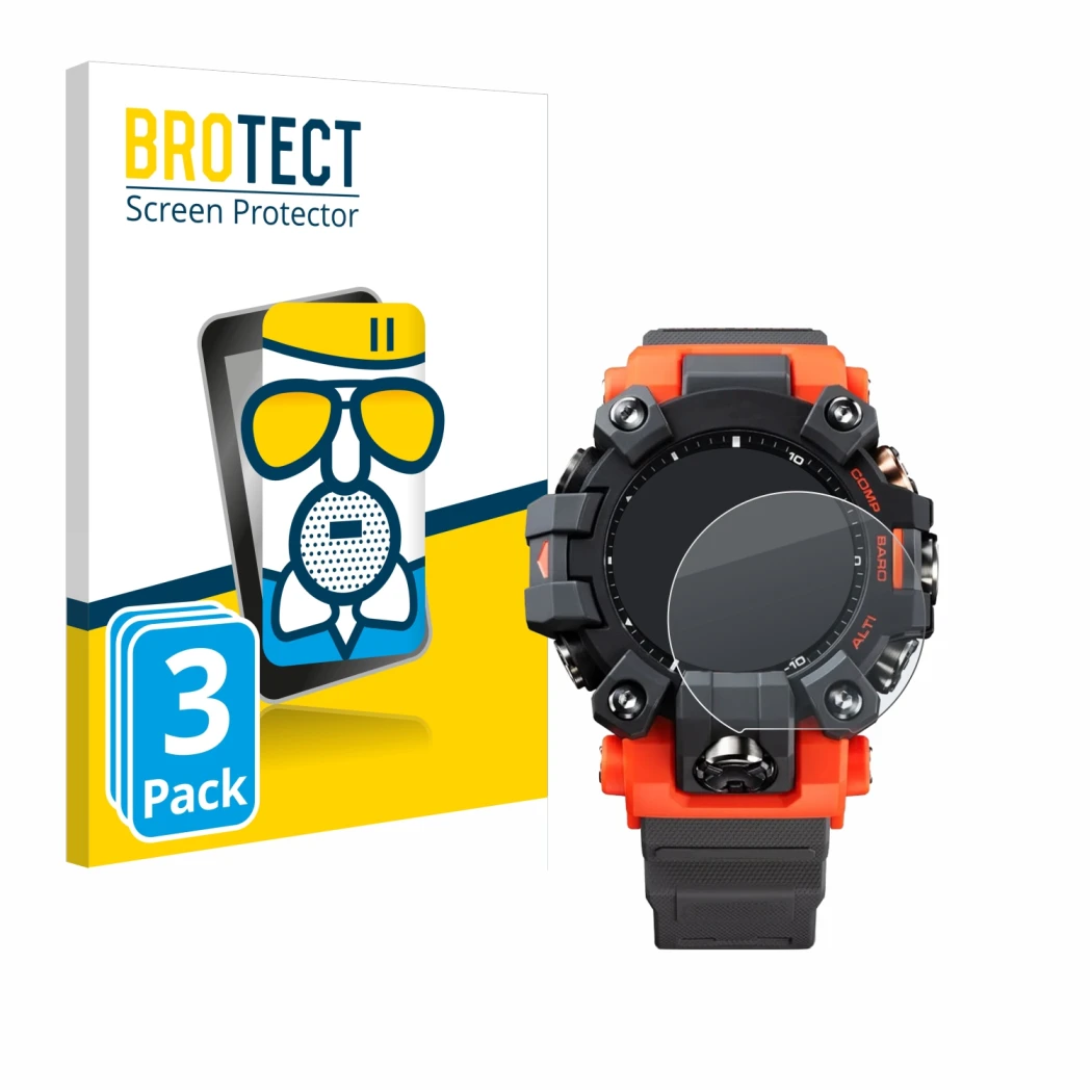 Parte frontal de un envase de producto con el logotipo de la marca BROTECT. Al lado se muestra el dispositivo Casio G-Shock GW