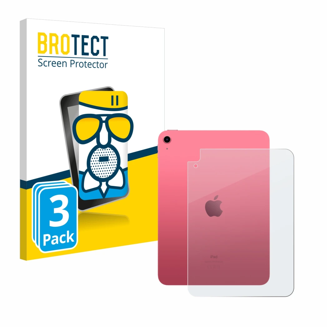 Parte frontal de un envase de producto con el logotipo de la marca BROTECT. Al lado se muestra el dispositivo Apple iPad 10.9