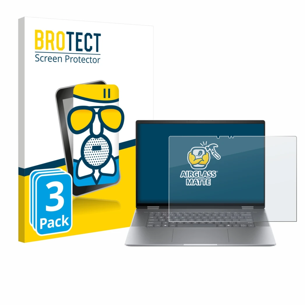 Parte frontal de un envase de producto con el logotipo de la marca BROTECT. Al lado se muestra el dispositivo HP Envy x360 2-i