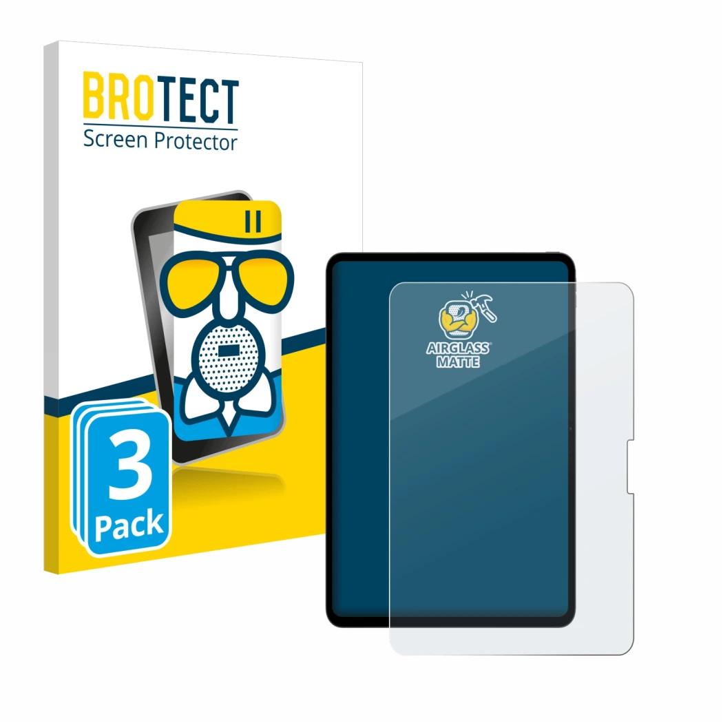 Parte frontal de un envase de producto con el logotipo de la marca BROTECT. Al lado se muestra el dispositivo Apple iPad Pro 1