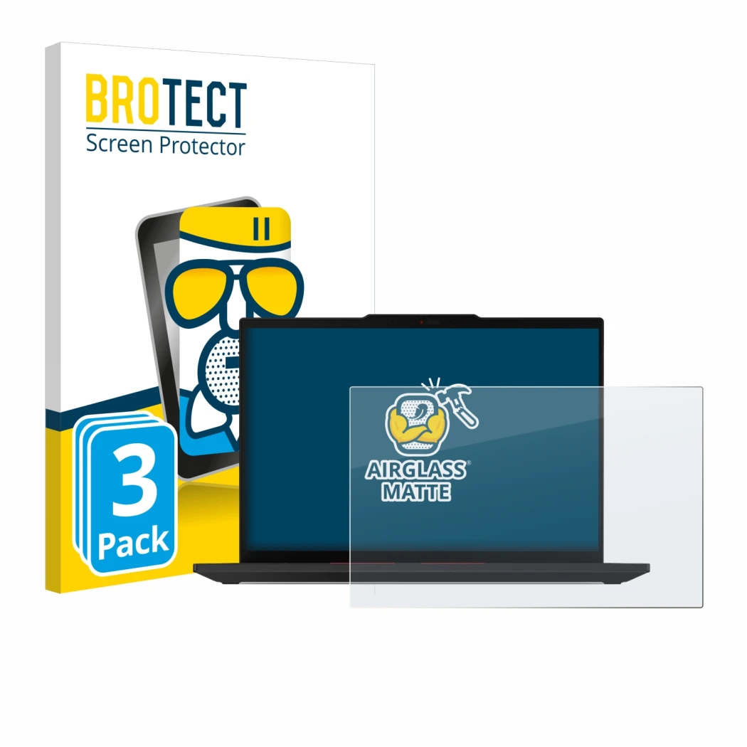 Parte frontal de un envase de producto con el logotipo de la marca BROTECT. Al lado se muestra el dispositivo Lenovo ThinkPad 