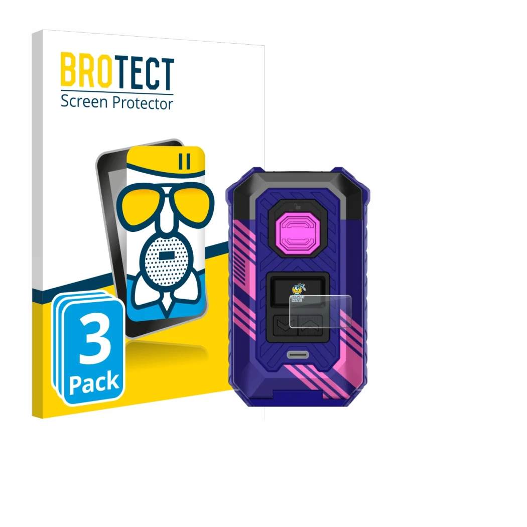 Parte frontal de un envase de producto con el logotipo de la marca BROTECT. Al lado se muestra el dispositivo Vaporesso Armour