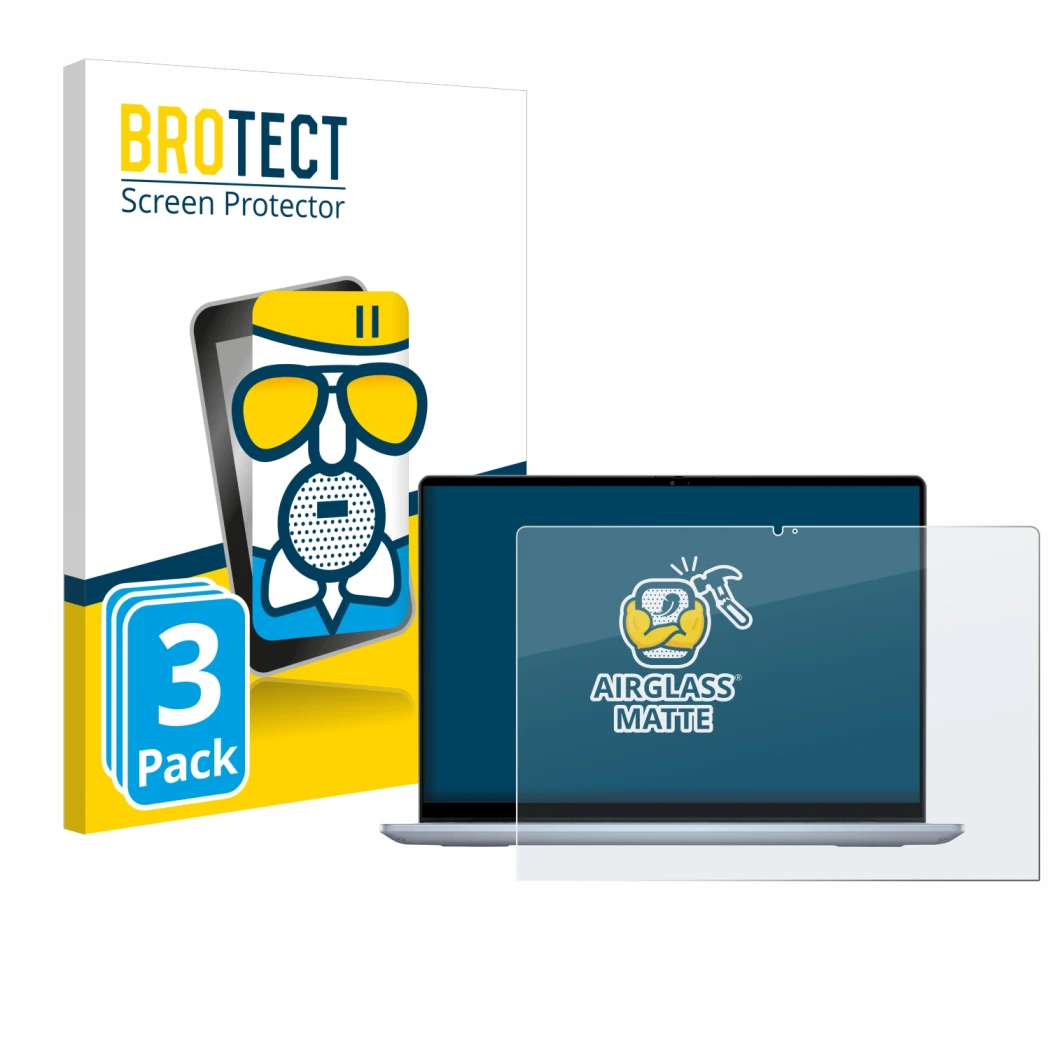 Parte frontal de un envase de producto con el logotipo de la marca BROTECT. Al lado se muestra el dispositivo Dell Inspiron 14