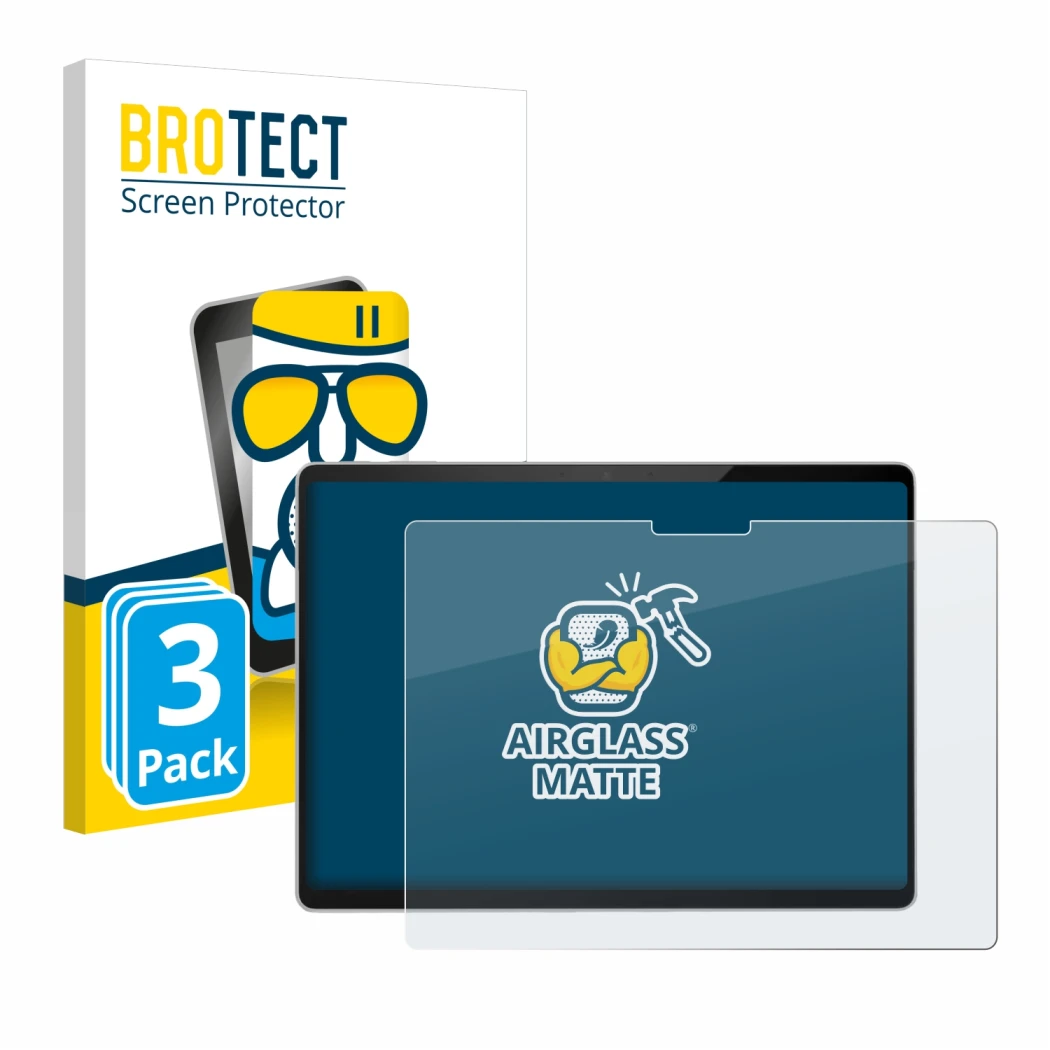 Parte frontal de un envase de producto con el logotipo de la marca BROTECT. Al lado se muestra el dispositivo Microsoft Surfac