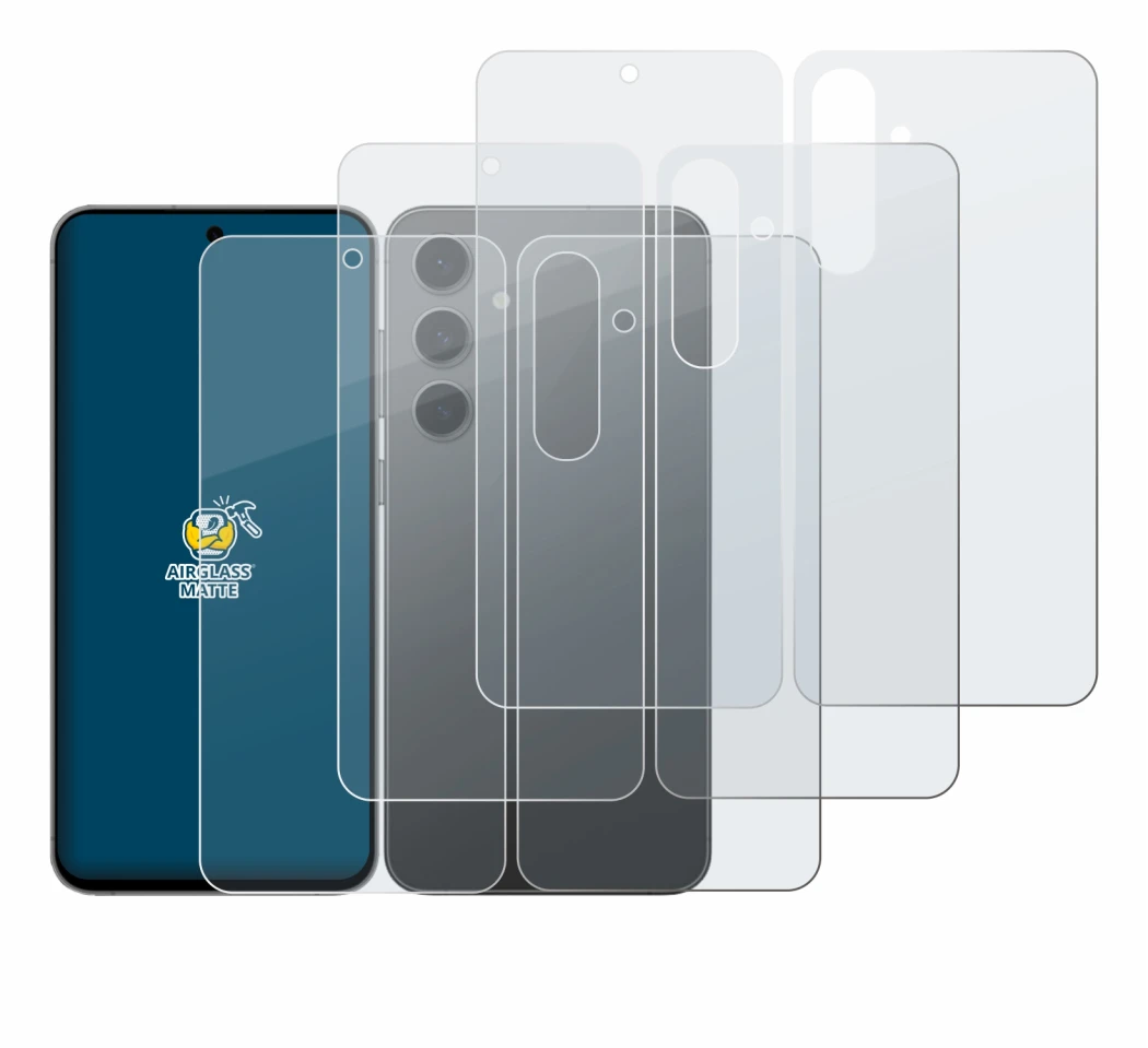 Imagen del dispositivo Samsung Galaxy S24 FE (Frontal+Trasero) con una amplia variedad de protectores de pantalla.