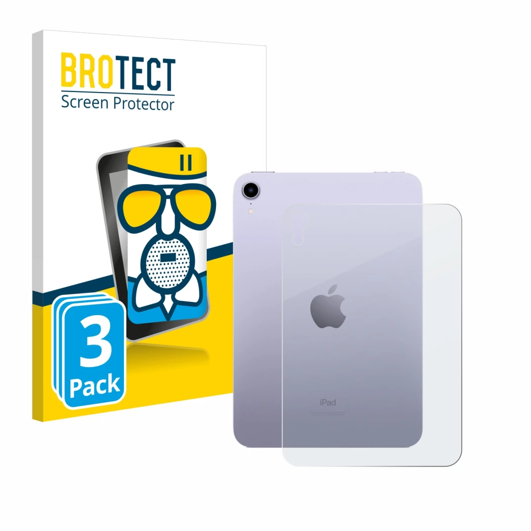 Parte frontal de un envase de producto con el logotipo de la marca BROTECT. Al lado se muestra el dispositivo Apple iPad Mini 