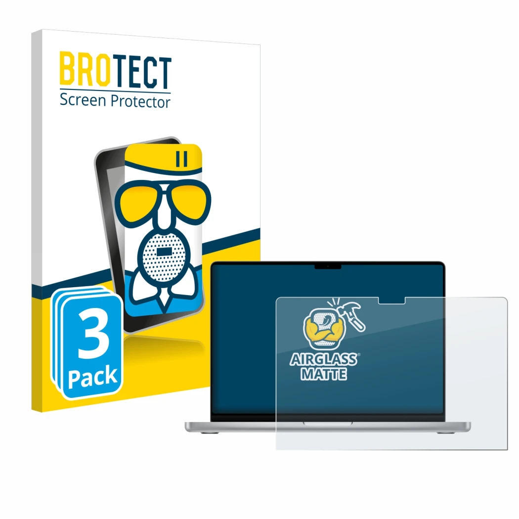 Parte frontal de un envase de producto con el logotipo de la marca BROTECT. Al lado se muestra el dispositivo Apple MacBook Pr