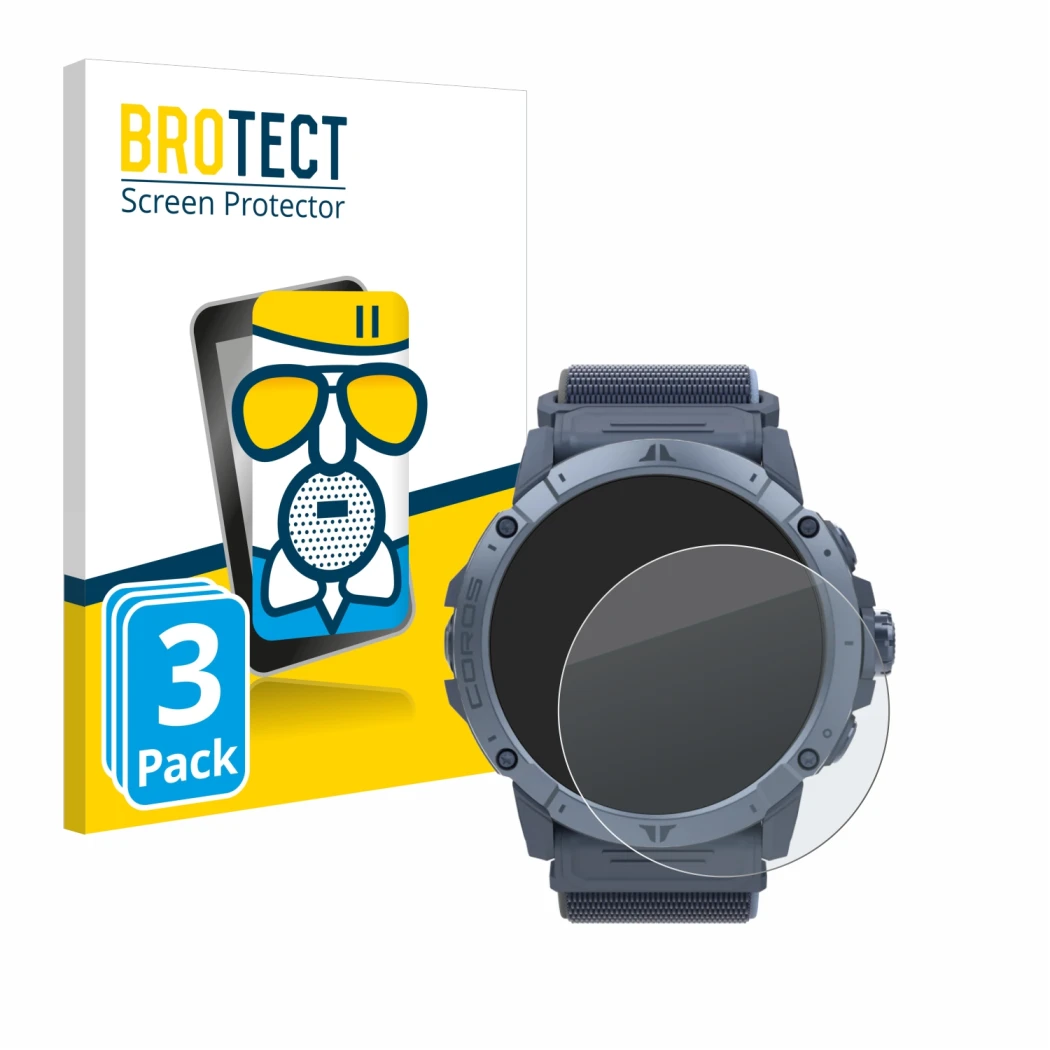 Parte frontal de un envase de producto con el logotipo de la marca BROTECT. Al lado se muestra el dispositivo Coros Vertix 2S 