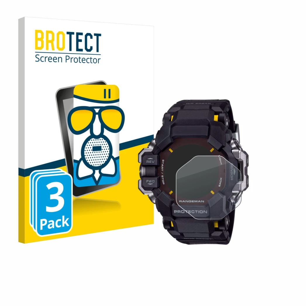 Parte frontal de un envase de producto con el logotipo de la marca BROTECT. Al lado se muestra el dispositivo Casio G-Shock GP