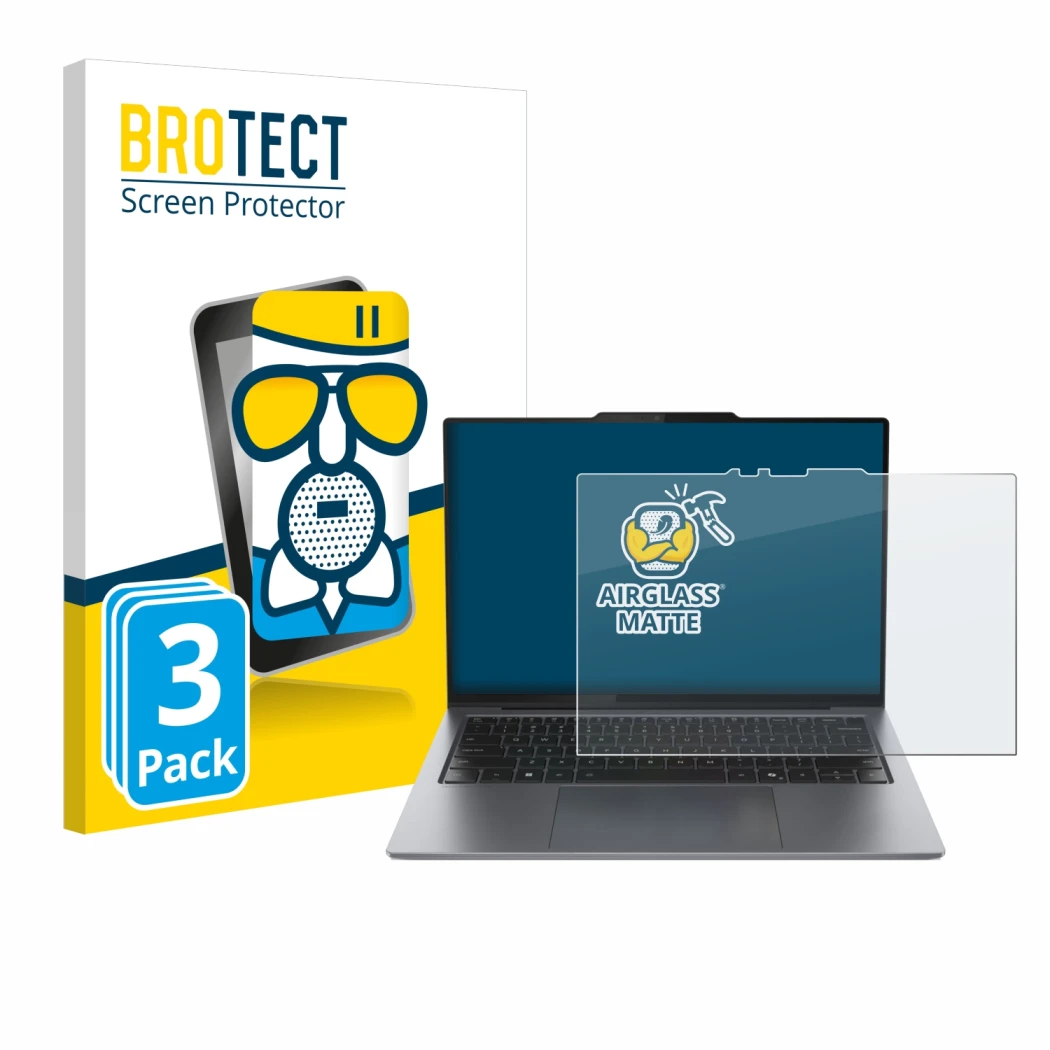 Parte frontal de un envase de producto con el logotipo de la marca BROTECT. Al lado se muestra el dispositivo Lenovo ThinkPad 