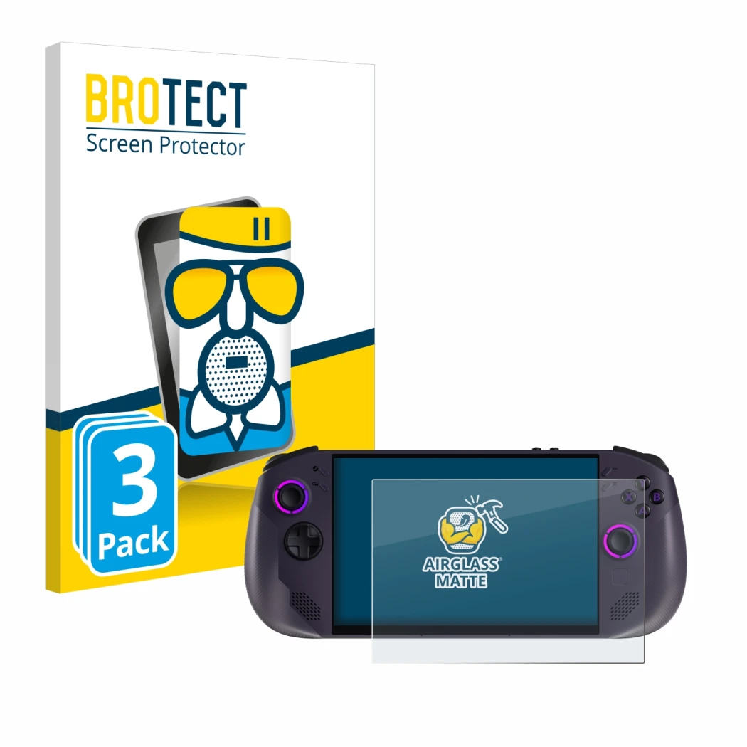 Parte frontal de un envase de producto con el logotipo de la marca BROTECT. Al lado se muestra el dispositivo Lenovo Legion Go