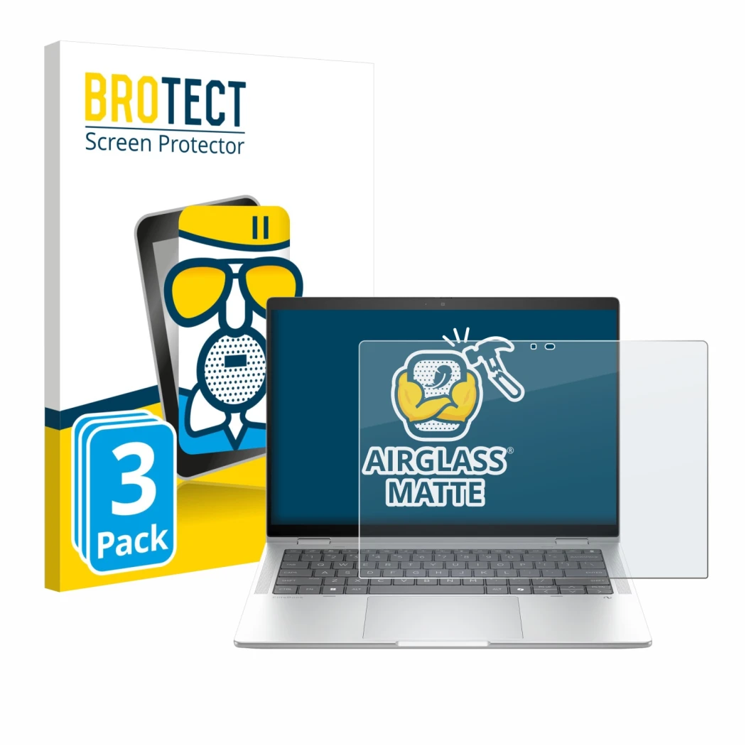 Parte frontal de un envase de producto con el logotipo de la marca BROTECT. Al lado se muestra el dispositivo HP EliteBook X F