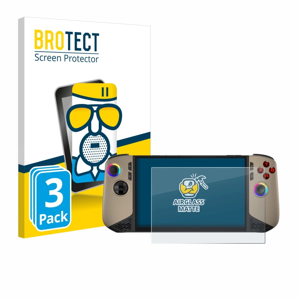 Parte frontal de un envase de producto con el logotipo de la marca BROTECT. Al lado se muestra el dispositivo MSI Claw 8 AI+ c