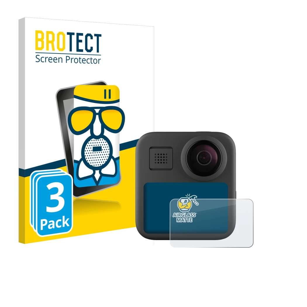 Parte frontal de un envase de producto con el logotipo de la marca BROTECT. Al lado se muestra el dispositivo GoPro Max (2025)