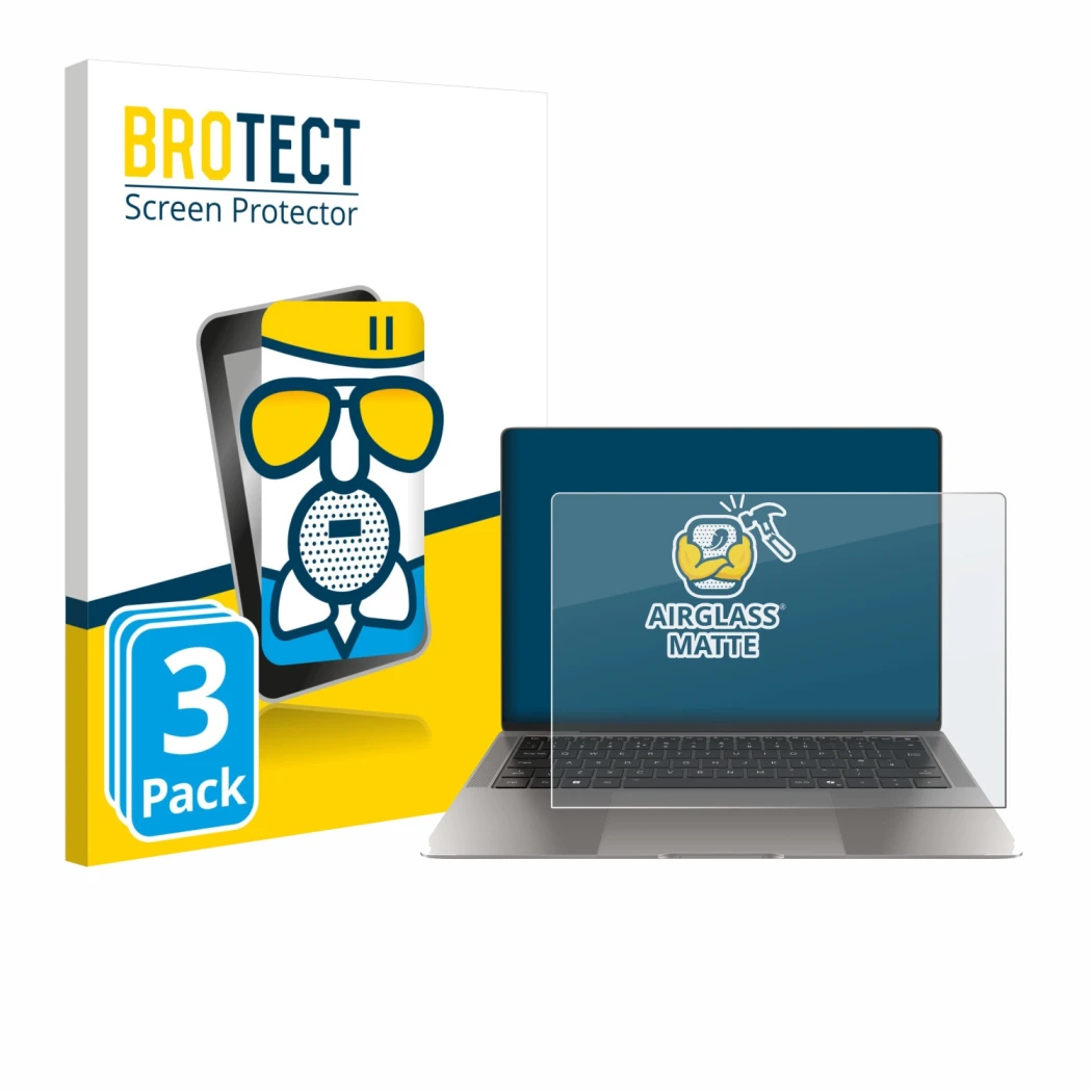 Parte frontal de un envase de producto con el logotipo de la marca BROTECT. Al lado se muestra el dispositivo Honor MagicBook 