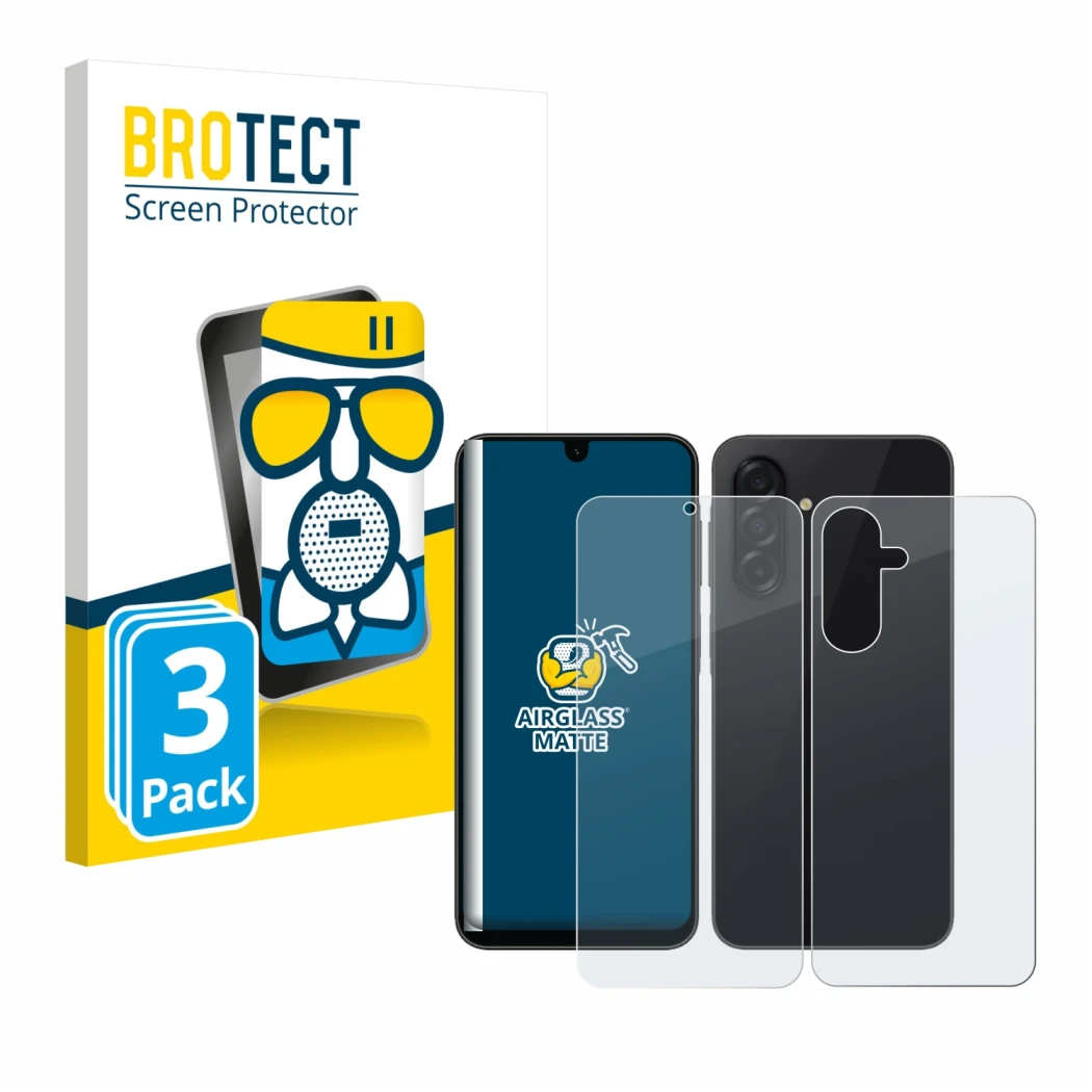 Parte frontal de un envase de producto con el logotipo de la marca BROTECT. Al lado se muestra el dispositivo Samsung Galaxy A