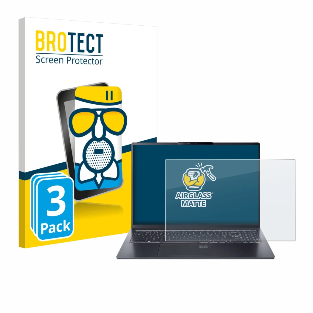 Parte frontal de un envase de producto con el logotipo de la marca BROTECT. Al lado se muestra el dispositivo Acer Swift Go 16