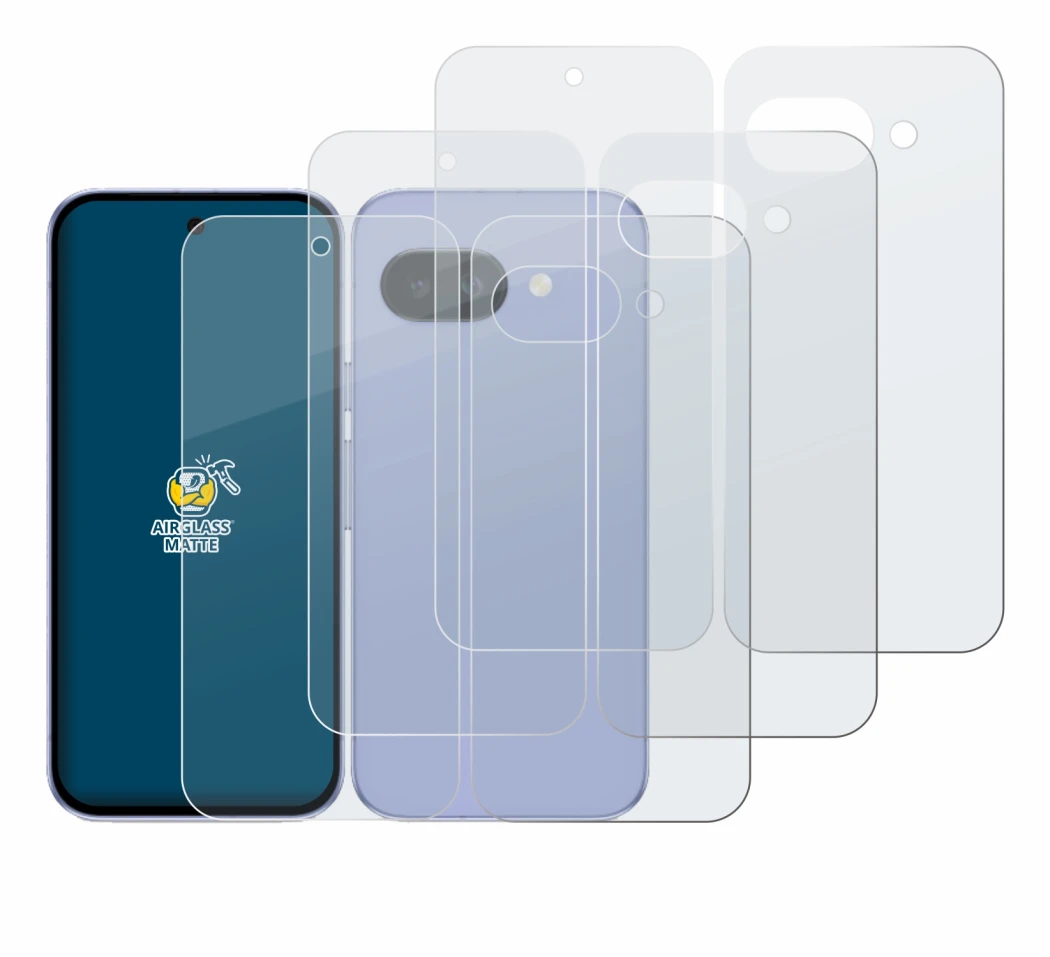 Imagen del dispositivo Google Pixel 9a (Frontal+Trasero) con una amplia variedad de protectores de pantalla.