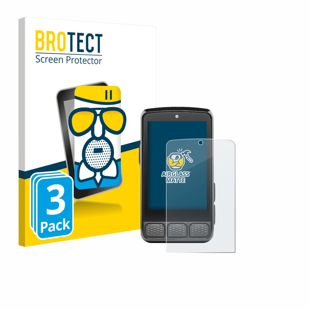 Parte frontal de un envase de producto con el logotipo de la marca BROTECT. Al lado se muestra el dispositivo Wahoo Elemnt Roa