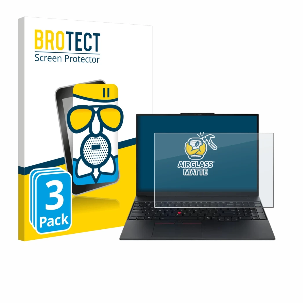 Parte frontal de un envase de producto con el logotipo de la marca BROTECT. Al lado se muestra el dispositivo Lenovo ThinkPad 