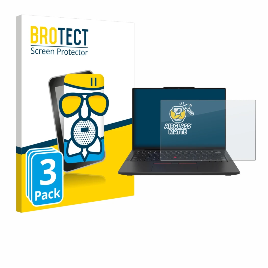 Parte frontal de un envase de producto con el logotipo de la marca BROTECT. Al lado se muestra el dispositivo Lenovo ThinkPad 