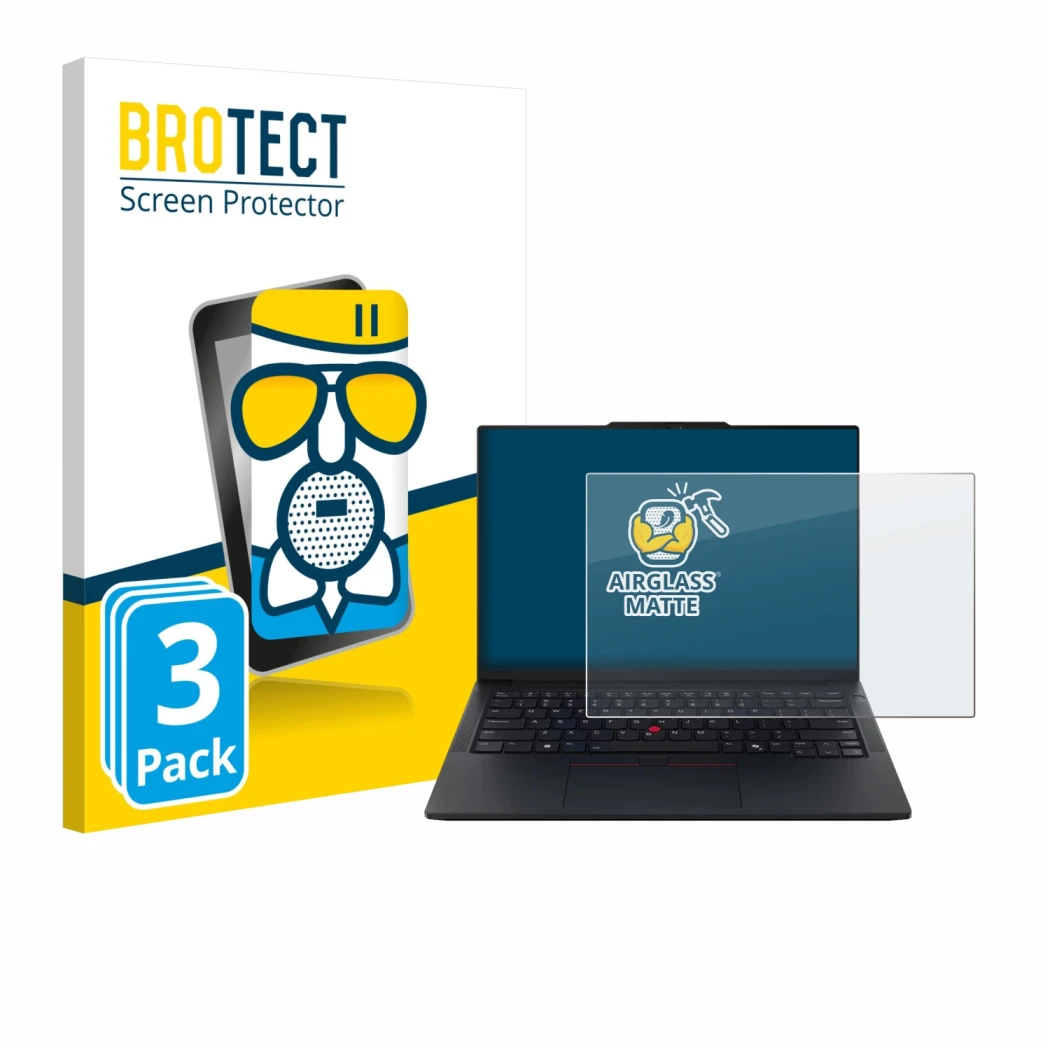 Parte frontal de un envase de producto con el logotipo de la marca BROTECT. Al lado se muestra el dispositivo Lenovo ThinkPad 