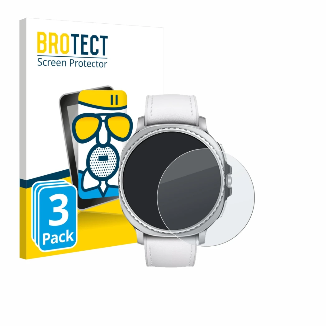 Parte frontal de un envase de producto con el logotipo de la marca BROTECT. Al lado se muestra el dispositivo Samsung Galaxy W