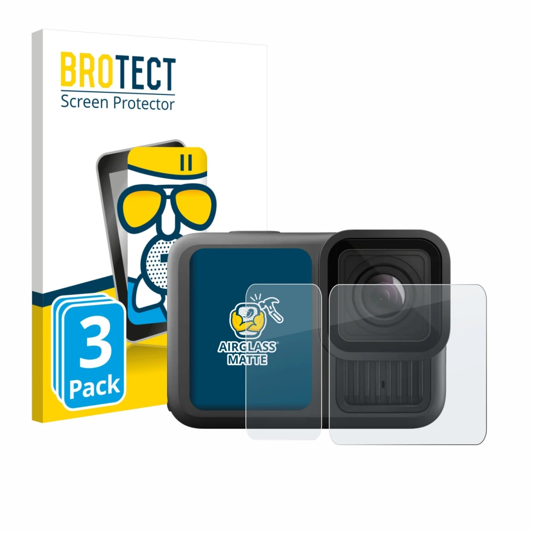 Parte frontal de un envase de producto con el logotipo de la marca BROTECT. Al lado se muestra el dispositivo GoPro Hero 13 Bl