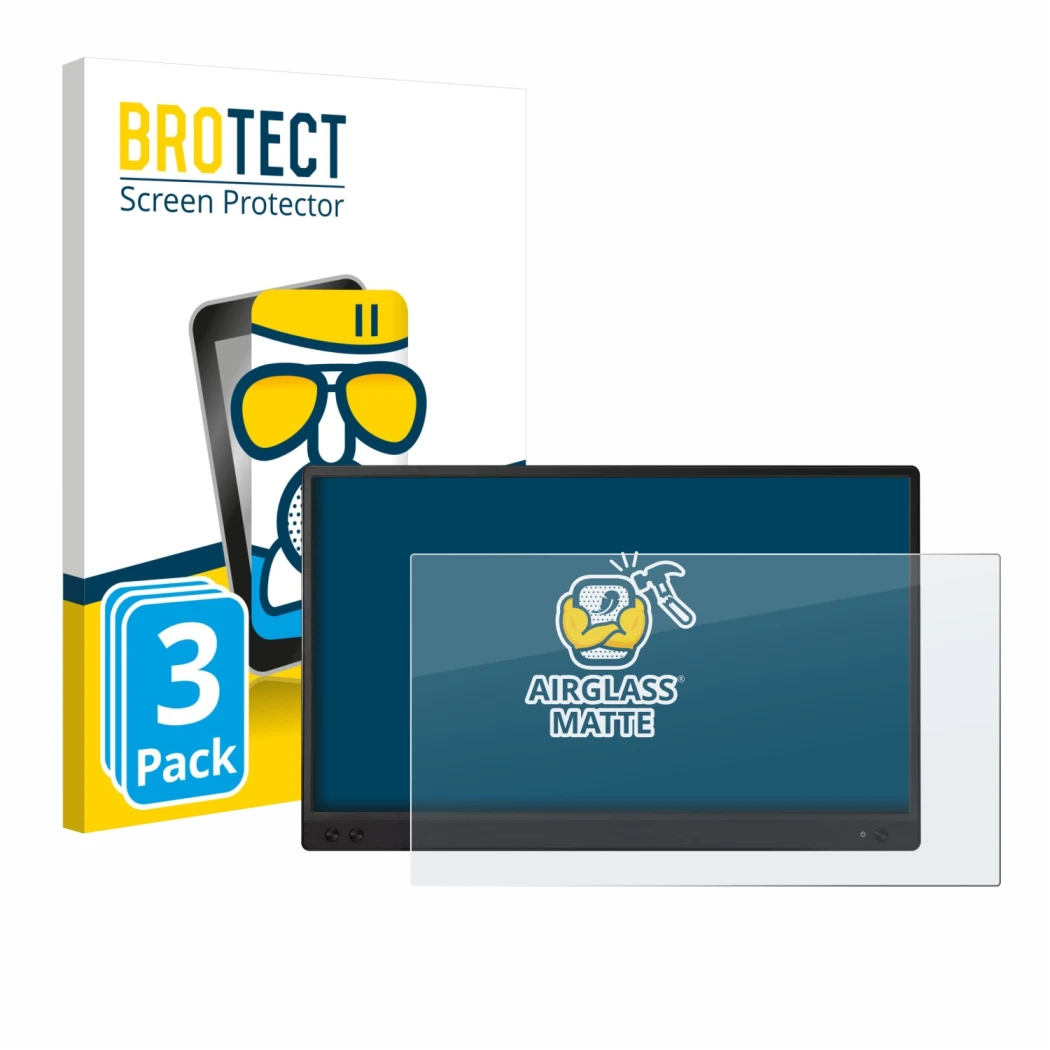 Parte frontal de un envase de producto con el logotipo de la marca BROTECT. Al lado se muestra el dispositivo ASUS ZenScreen M